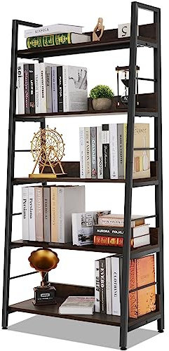 Himimi Industrial Ladder Shelf, Rustic 5 Tier Leaning Bookshelf, Wood Metal Ladder Bookcase, Plant Flower Stand Rack Book Storage Shelves for Living Room, Bedroom, Home Office