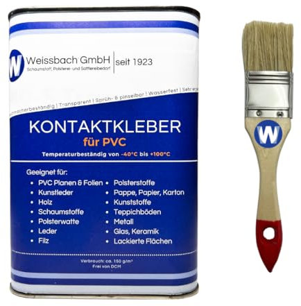 WEISSBACH PVC Kleber Plane Kontaktkleber Kunstleder extra stark 1000 ml Transparent Kleber für Planen Weich PVC Dachhimmel Kunstleder Wasserfest ink. Pinsel