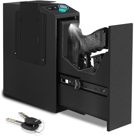 Cassaforte per pistole, Cassaforte biometrica per pistole con accesso rapido, Cassaforte per pistole con porta scorrevole automatica con impronta digitale, codice PIN, accesso con chiave per comodino
