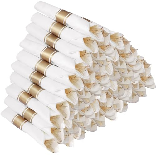Goodluck 50 Pack Pre Rolled Gold Glitter Plastic Silverware, Wrapped Cutlery Set with Napkin Include 50 Forks, 50 Knives, 50 Spoons and 50 Napkins, Fancy Disposable Silverware for Party, Wedding