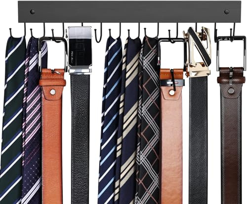 Cintre de ceinture mural en bois pour ceinture - Capacité de stockage maximale de 12 - Rotation à 180° - Gain de place - Pour cravates, débardeurs, écharpes, soutiens-gorge, clés, sacs - Noir