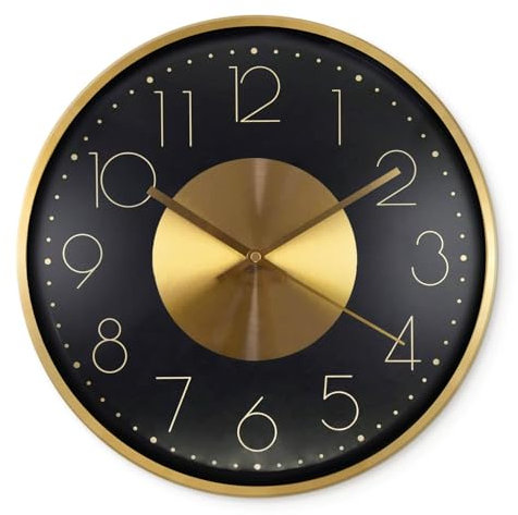 Aluminium Wanduhr ohne Tickgeräusche leise Metalluhr für Wohnzimmer Büro Schwarz Goldoptik Metall Uhren 40 cm