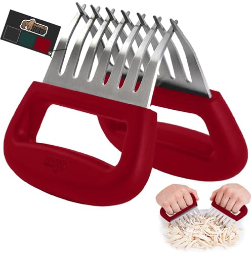 GORILLA GRIP BPA-Free Chicken Shredder Meat Claws, Sharp Stainless Steel Food Shredding Fork, Comfortable Handle, Easily Shred Pulled Pork, Taco Meats, Kitchen Smoker BBQ Tool, Dishwasher Safe, Red