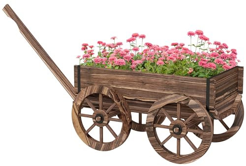 Outsunny Fioriera in Legno Carrello Portavasi con Ruote e Manico, Fori di Drenaggio e Finitura Carbonizzata, 120x41x54cm, Colore Legno