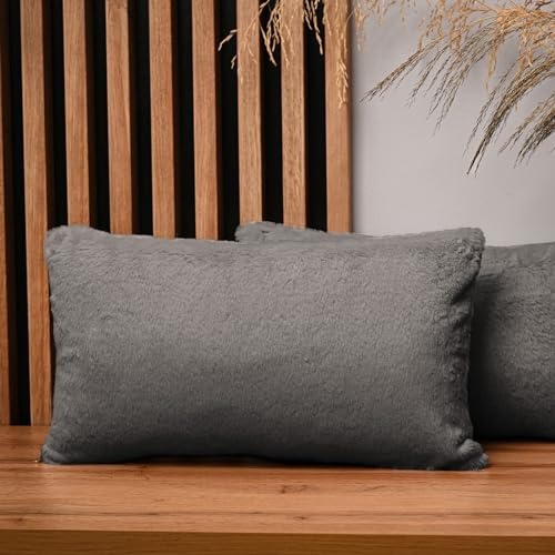 MG Design Lot de 2 Housses de Coussin 30 x 50 cm Gris – Fausse Fourrure à Long Poil, Ultra Douces et décoratives pour canapé et Salon