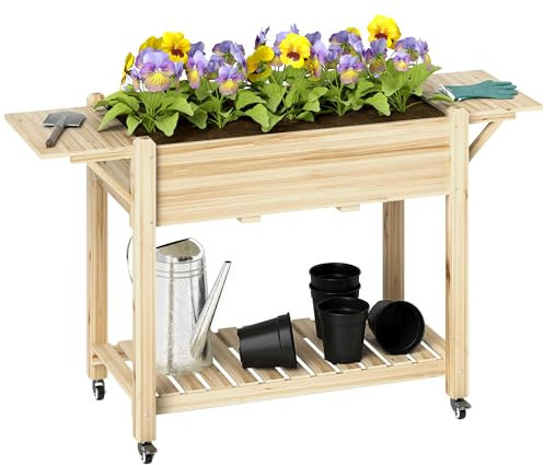 Outsunny Huerto Urbano de Madera Mesa de Cultivo con Ruedas Estante y Repisas Plegables Jardinera Elevada para Cultivo Flores Vegetales en Jardín Terraza 145x52x86 cm Natural