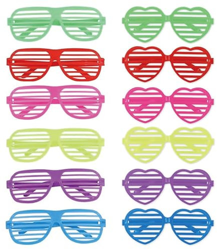 12PCS Neon Glasses, Neon Shutter Shades Sunglasses, Colorful Neon Party Accessories Glasses, 80s Disco Shutter Glasses, Fancy Dress Glasses Party Accessories for Adults and Kid 80s Party (6 Colors)