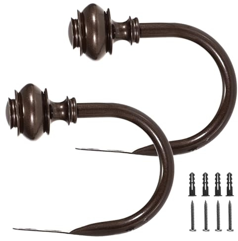 Hoowen 2Pcs Curtain Holdbacks, Heavy Duty Curtain Holders Wall Mounted, Vintage Curtains Pull Backs for Drapes, Metal Curtain Side Hooks Accessories for Window Bedroom Living Room Home Decor, Brown