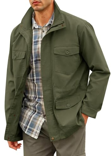 Runcati Mens Military Jacket Full Zip and Button Safari Field Jacket Multi Pocket Cargo Outdoor Coat