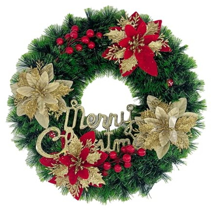 15 Inch Christmas Wreath with Red and Gold Flowers, Red Berries and 'Merry Christmas' Sign – Festive Green Holiday Decor