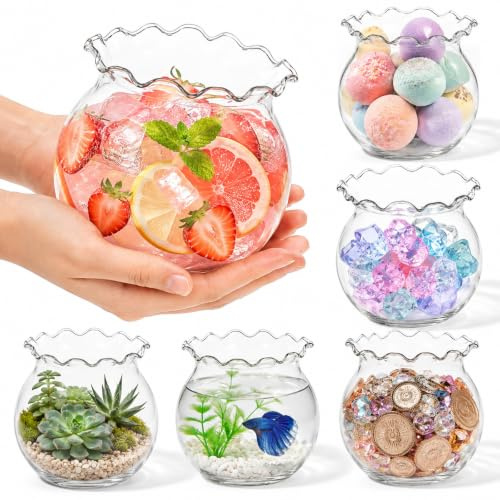 Mini Plastic Fish Bowl with Floral Trim for Parties, 27 oz Decorative Drink Bowls Unbreakable Plastic Fish Bowl Cups Clear Round Desktop Vases for Centerpiece Vases, Candy, Party Favors,Drinks