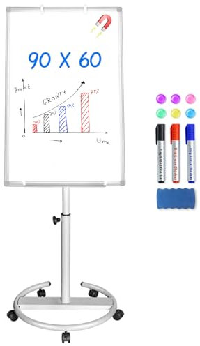 maxtek Flipchart Ständer, 90x60cm Flipcharts Whiteboard, Haken Verschieben Flipchart Papier, Magnetisch Beschreibbare Höhenverstellbar Flip Chart, 1 Radierer, 3 Markern und 6 Magneten