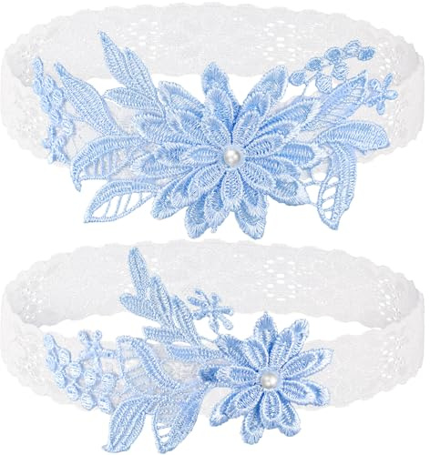 2 Pieces Wedding Garters for Bride Sexy Lace Leg Garter Belt Hand Sewn Faux Pearls Bride Garter Set(Sky Blue)