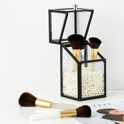 London Boutique Large Makeup Organiser Cosmetic Storage Makeup Brush Holder with Lid Dustproof Pearls (Black)