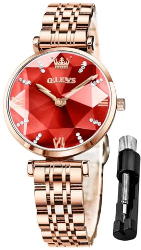 OLEVS Damenuhren Analog Quarz Armbanduhren mit Diamant Rot Kleines Gesicht Gold Edelstahlband wasserdichte Uhr