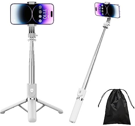 H.May Palo Selfie Trípode, 4 en 1 Palo Selfie Trípode Reforzado Estable, 110cm Extensible Selfie Stick Trípode Teléfono Flexible con Mando Compatible con iPhone, GoPro, Cámara, Blanco