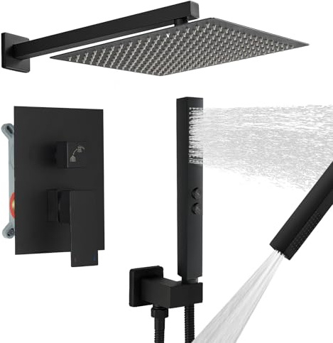 RUMOSE Matte Black Rainfall Shower System Fixture 12 Inch High Pressure Square Shower Head with 2 in 1 Handheld Spray Wall Mount Brass Bathroom Shower Faucet Set with cUPC Certified Rough-in Valve