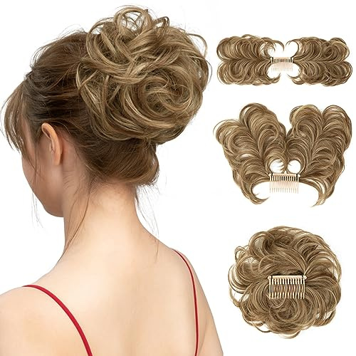 youngways Messy Bun Hair Piece Side Comb Clip in Hair Bun Hairpiece for Women Short Natural Straight Versatile Adjustable Styles Easy Hair pieces (Brunette/Ash Blonde-C)