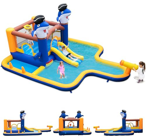 GOPLUS 7 en 1 Château Gonflable Enfants Aquatique avec Piscine, Toboggan, Jeu de Boxe, Canon à Eau, Trampoline, Piscine, Parc Aquatique pour Tout-Petit 3-10 Ans Charge 45+45KG(sans Souffleur)