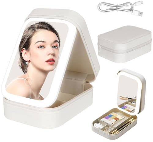 Kosmetiktasche mit Beleuchtetem Spiegel,Make up Tasche mit Spiegel-3 Farben LED Licht,Schminktasche mit Spiegel und Licht,Tragbare Schminktasche Reise Kosmetikkoffer mit TrennwäNden für Frauen