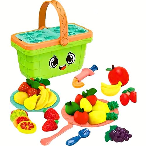 SGM Picnic Basket Clay Set for Kids - 23 PCS Fruit & Veg Molds with 10 Colorful Magic Dough Tubs - DIY Outdoor Food Pretend Play - Soft Modeling Dough Tools - Creative Play for Boys & Girls, 8672