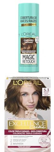 Lote de L'OREAL PARIS Magic Retouch Spray Retoca Raíces y Canas Castaño 75ml + L´ORÉAL PARIS Excellence Creme Tinte Permanente - Tono 5.3 Chocolate Praliné