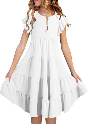 Robe d'été à paillettes pour fille - Double couche - Manches flottantes - Robe trapèze fluide - Robe midi décontractée avec dégradé de couleur - Pour fille