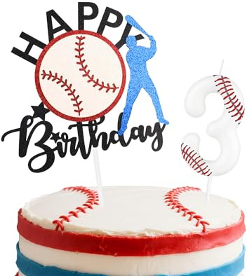 iNINGER Baseball 3rd Birthday Candles Set,White Number 3 Candle for Cake,Boys 3rd Birthday Decorations,Baseball Decorations Cake Toppers for Boys Kit Ball Game Themed Party Supplies