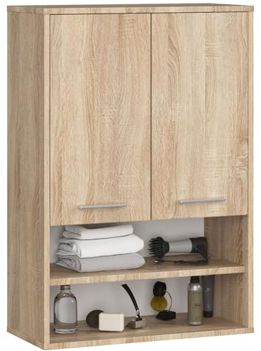 AKORD Badezimmer-Hängeschrank FIN 64 cm 2 Türen 2 Regalböden 2 offene Fächer B64xH94xT30 cm - mit Ablagen - Badschrank, Wandmontiert Gewicht 8,10kg Eiche Sonoma & Eiche Sonoma