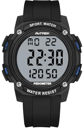 AVTREK Montre podomètre étanche compteur de pas pour la marche sans APP/Bluetooth requis traqueur de fitness sport avec écran LCD grands chiffres miles calories (noir)