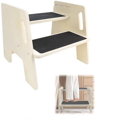Taburete de 38 x 33,3 x 32 cm, taburete multifuncional de madera maciza con capacidad de carga de 200 kg, taburete infantil de 2 niveles con alfombrilla antideslizante, base antideslizante y mango