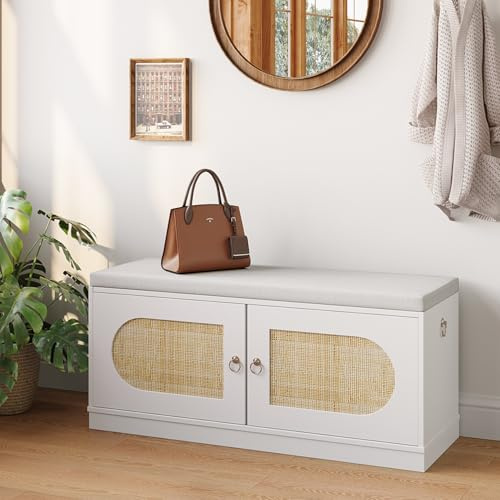 DSNAPE Banc à Chaussures Entrée avec Coussin, 100CM Banc de Rangement avec 2 Portes, Meuble Chaussures pour Couloir Salon, Blanc & Rotin