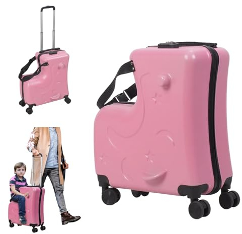 Mehisir Valise porteur de 50,8 cm pour enfants, bagage pour enfants avec siège, chariot trolley pour enfants avec serrure et ceinture de sécurité, roues silencieuses à 360° pour voyages courts Rose