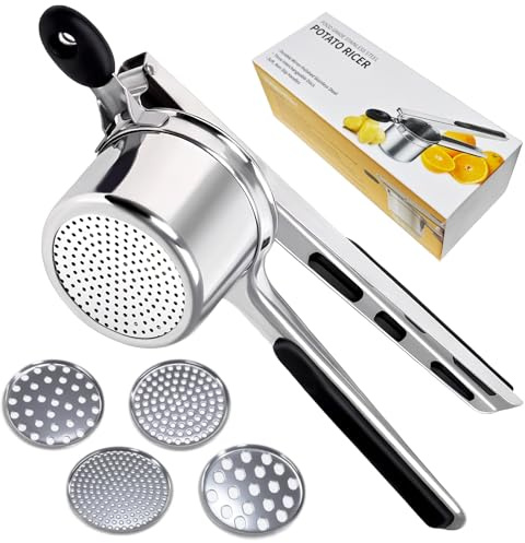 Schiacciapatate Acciaio Inox, Passatelli Attrezzo con 4 Dischi Intercambiabili a Fori Diversi e Impugnatura in Silicone Antiscivolo, per Purè di Patate, Verdura, Frutta e Spatzle