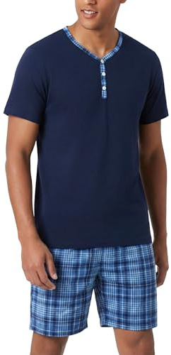 Irdcomps Pyjama Homme Ete Coton Ensembles de Pyjama Court Short à Carreaux Col V à Manches Courtes Vêtements De Nuit Décontracté Été Vêtements de Détente 2 Pièces Maison Doux et Confortable