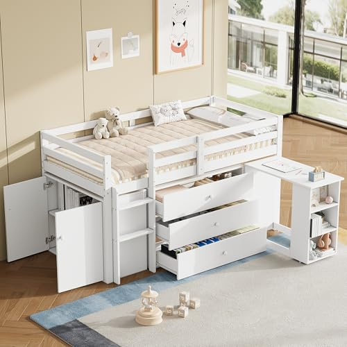EINHOM Bunk Bed for Kids, 3FT Single Storage Bed with 3 Drawers & Cabinet Storage, Loft Bed with Pull-Out Desk, Flexible Two-Way Installation, 90x190cm, White (No Mattress)