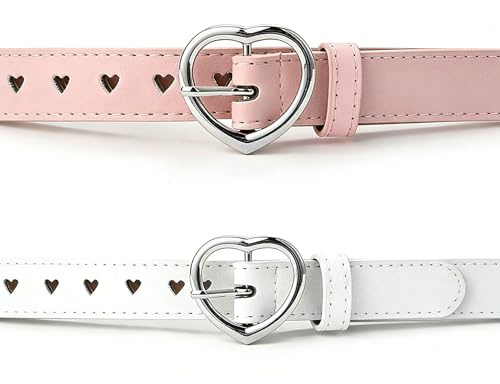 Set di 2 Cinture per Bambina, Cinture Regolabili in Vita con Graziosi Fibbie a Cuore, cinture in Ecopelle per Jeans, Vestiti, Pantaloni e Uniformi Scolastiche, Semplice ed Elegante, Bianco e Rosa
