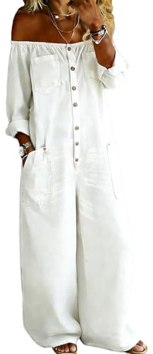 Mono Vaquero de Corte Holgado para Mujer, Mono Sexy de Manga Larga con Hombros Descubiertos y Botones, Mono Vaquero de Pierna Ancha, Mameluco Largo de Mezclilla,Blanca,S
