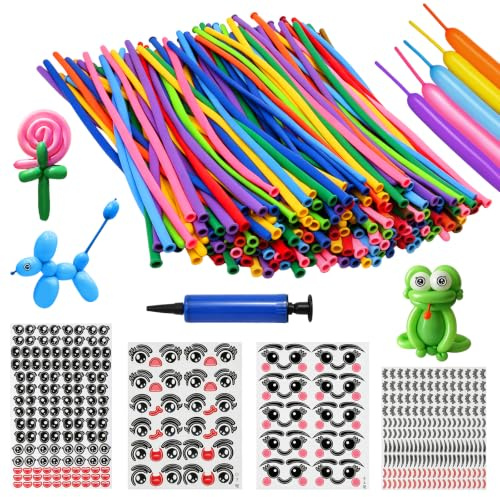 MAIXINNEW 200 Pcs Modelling Long Balloons with DIY Eye Stickers | Magic Latex Balloon Mixed Coloured, Balloon Animal Making Kit with Eye Stickers for Party Birthday Wedding