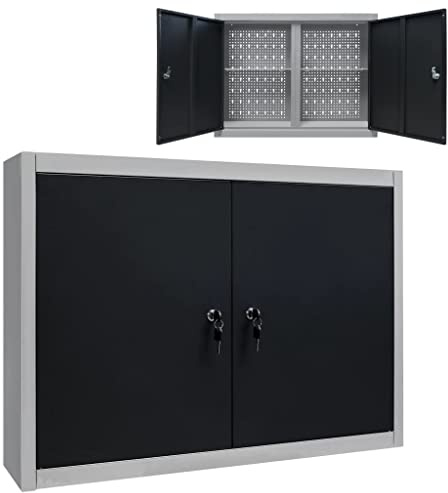 Mangloder vägg verktygsskåp industriell stil i metall grå och svart 80 x 19 x 60 cm, verktygsskåp, skåp, skåp, skåp, förvaring, ordningssystem, låsbart för garage och källare