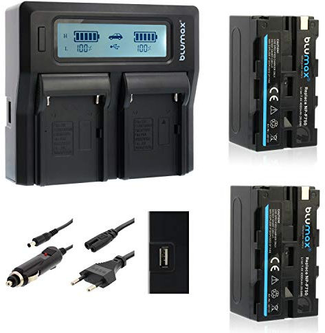 Blumax 2X Akku kompatibel mit Sony NP-F750 4000mAh + Doppel Dual Ladegerät | kompatibel mit Sony NP-F570 NP-F550 NP-F970 | Blitzgeräte Videoleuchten Fieldmonitore