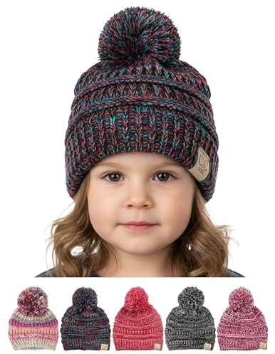 Funky Junque Toddler Pom Beanie – Warm Kids Winter Hat for Ages 1–4, Cozy Knit Snow Beanies for Baby Boys & Girls - 4 Tone Mix - Black, Purple, Orange, Teal