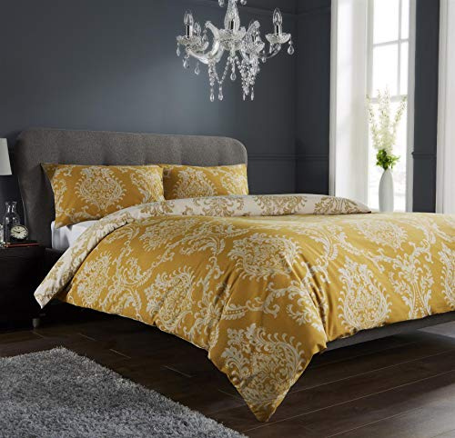 Olivia Rocco Royal Damask Duvet Cover Set Easy Care Quilt Covers With Pillowcases Cotton Rich Reversible Bedding Bed Linen Sets (King, Gold)