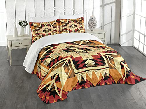 ABAKUHAUS Pfeil Tagesdecke Set, Native American Boho Chic, Set mit Kissenbezügen Maschienenwaschbar, für Doppelbetten 264 x 220 cm, Rot-orange-gelb
