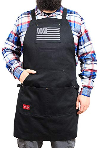 JAYCEE GRILLIN & CHILLIN Perfect Apron for BBQ, Grill, Chef, Hobby and Workshop w/Gray and Black US Flag. 5 Pockets, Cross-Back, Quick-release, 2 Tool Loops. 10 oz. Cotton.. Apron for men and women