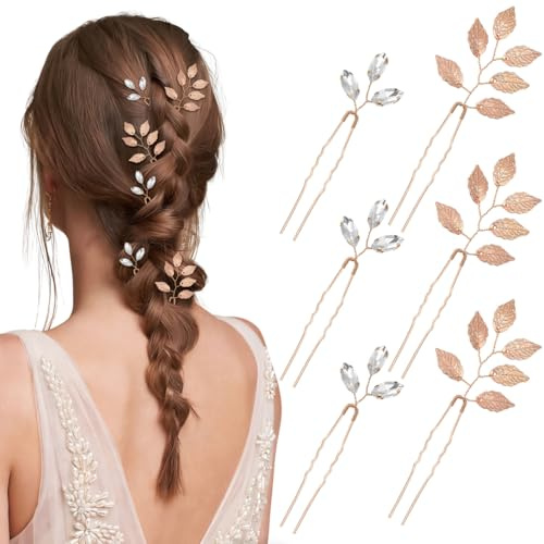 Lurrose 6 Pcs Épingles à Cheveux de Mariée Or Cristal Feuille Épingles à Cheveux Feuille de Mariage Chignon Broches pour Les Femmes