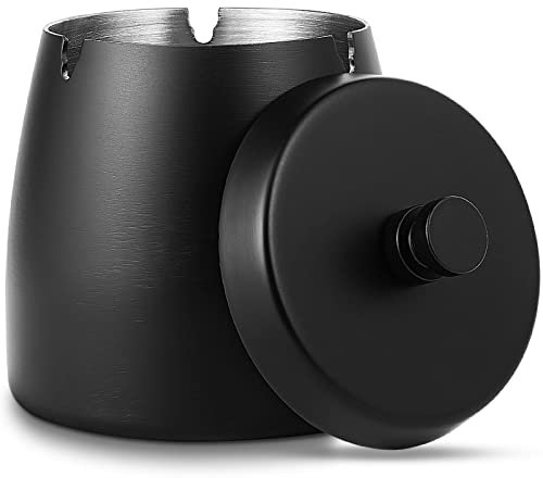 Edelstahl Aschenbecher Outdoor mit Deckel - Groß [8,5 cm X 9 cm], Innen und Außenbereich - Schwarz