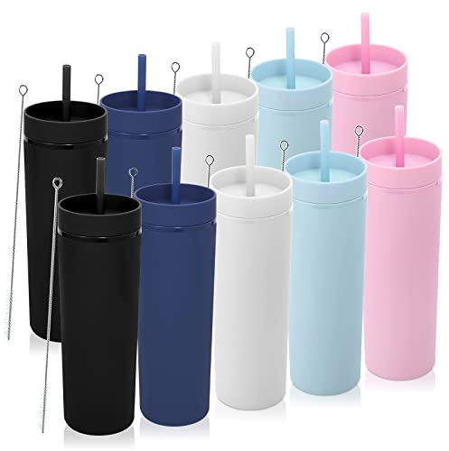 Volhoply 600ml Bicchieri in Plastica Confezione da 10,Bicchiere Doppia Parete con Coperchio e Cannuccia,Riutilizzabili Tumbler,Bicchieri D'acqua in Acrilico Senza BPA per Regali(Assortito,10 Set)
