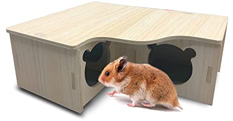 Hamster Haus Holz, Mehrkammernhaus, Spielplatz, Haus für Zwerghamster, Rennmäuse, Degus, Goldhamster (Groß 31 * 24 * 11 cm)