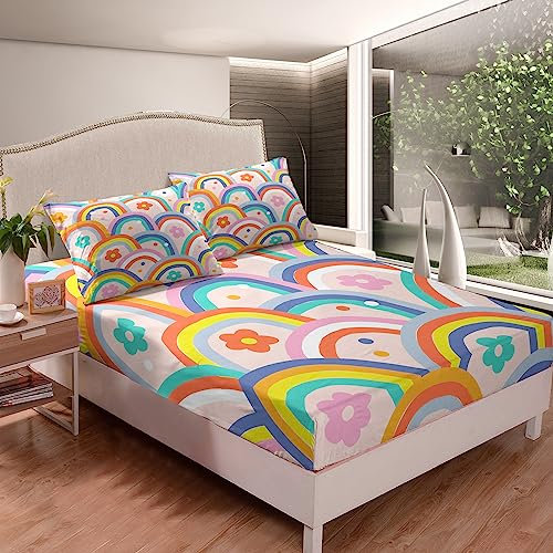 Tailor Shop Regenbogen-Spannbetttuch in voller Größe, rosa Spannbettlaken für Mädchen, Kinder, Blume, buntes Spannbetttuch, mit 2 Kissenbezügen